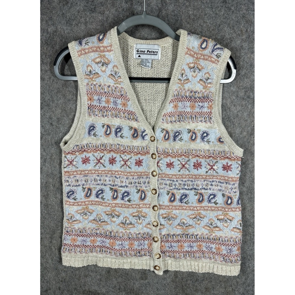 Vintage Gina Peters Sweater Vest Womens M Knit Button Cottagecore